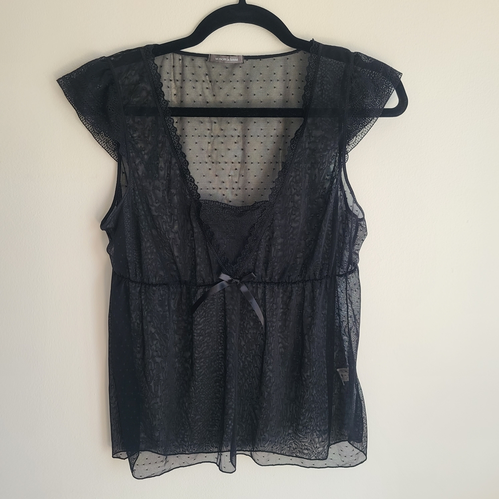 Monoprix Femme Polka Dot Black Sheer Women's Top